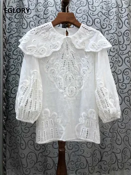 

100%Silk Tops 2020 Spring Summer White Black Blouses Women Big Turn-down Collar Luxurious Embroidery Casual Silk Blouses Female