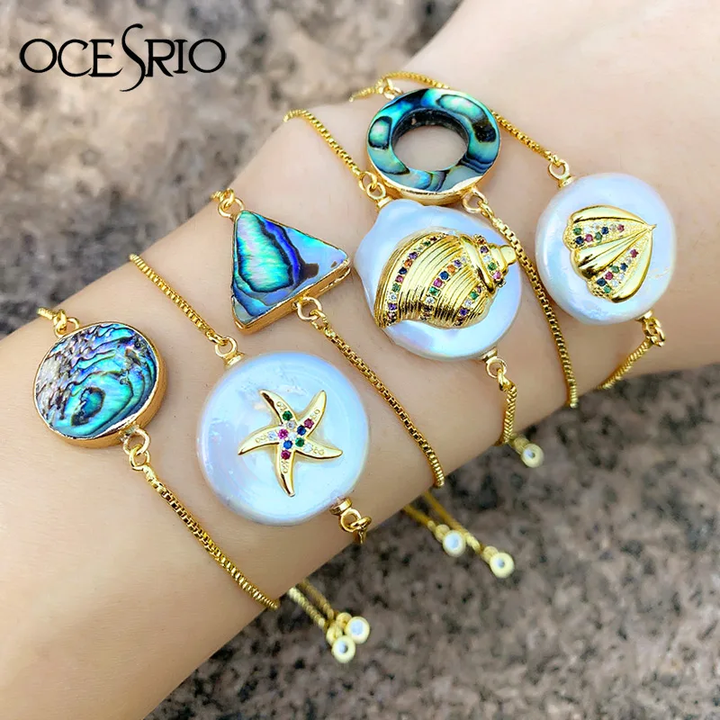 OCESRIO Women Fashion Bracelets Natural Shell Bracelet Abalone Seastar Pearl Round Charm Bracelets Rainbow Zirconia brt-b75