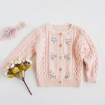 

Sweet Kids Girls Floral Embroidered Crochet Sweater Cardigans Jackets Candy Pink Beige Blue Color Spring Autumn Outwears