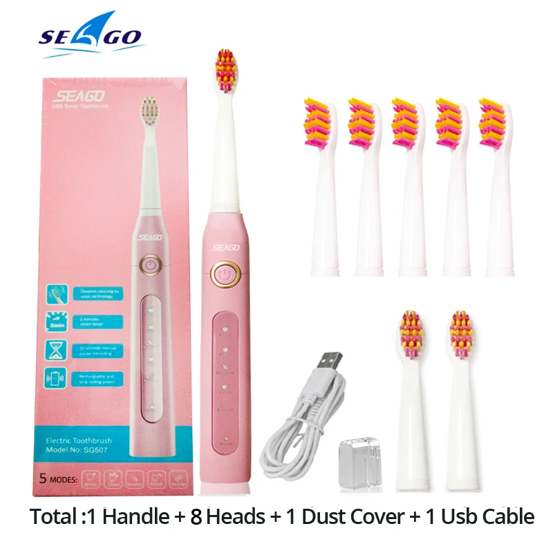 Seago Sonic Electric Toothbrush SG-507 Adult Timer Brush 5 Modes USB Charger Rechargeable Tooth Brushes Replacement Heads Set 19