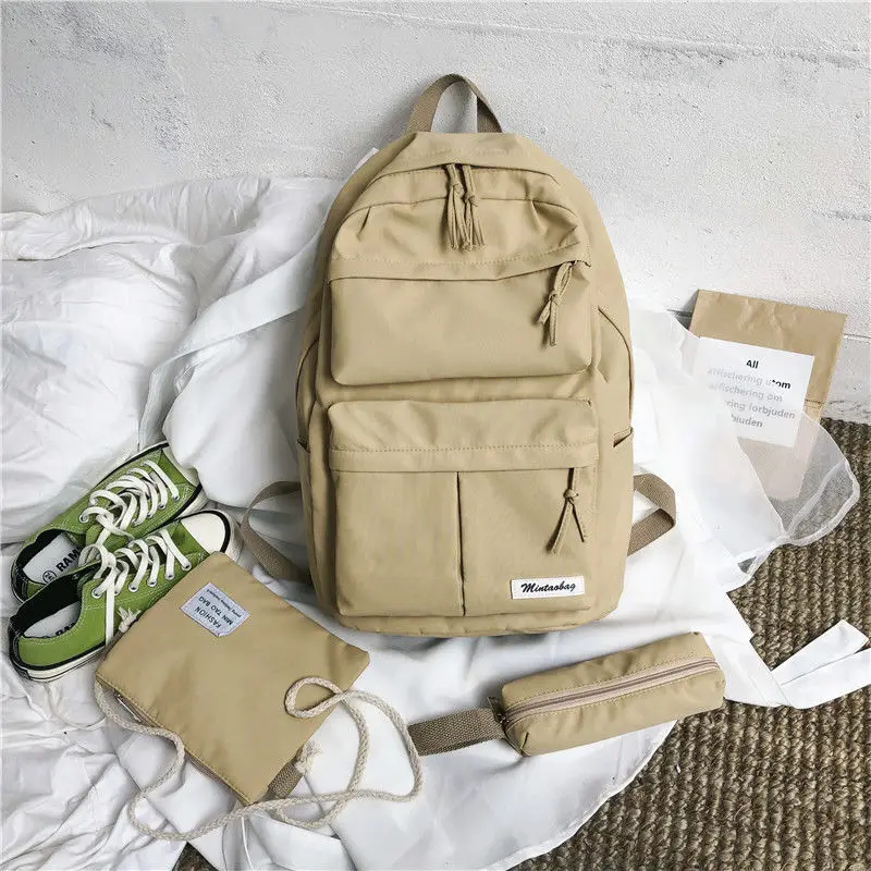 

3 piece set women backpack teenage girls school bags Middle High School Bag Oxford teen Bookbag student Bagpack Khaki Large new