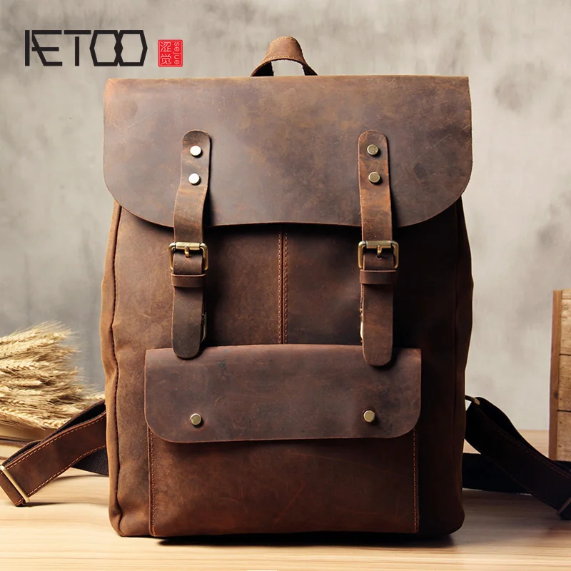 

BJYL Vintage men's backpack, leather horse cow hide outdoor travel backpack, casual trend computer bag