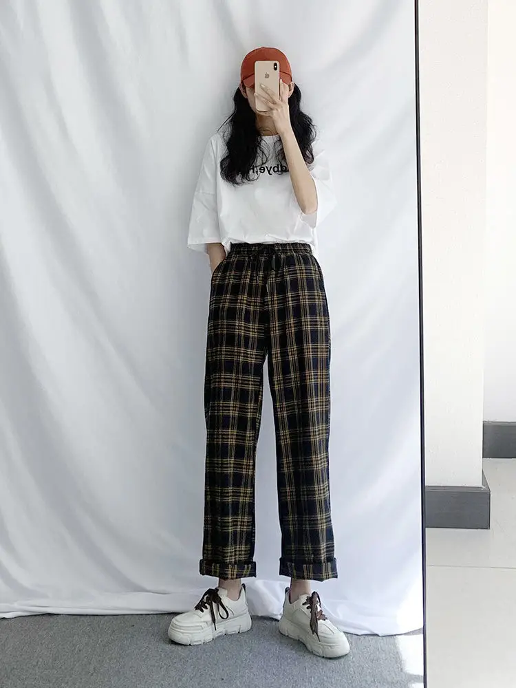 HOUZHOU Checked Black Loose Pants Women2020 Korean Style Plus Size Joggers Women Pants in a Cage For Trousers Women