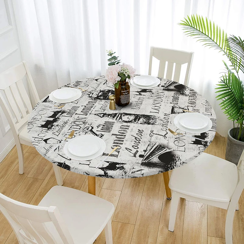 Round Elastic Printing Tablecloth Easy Clean Table Cover Home Kitchen Living Room Waterproof and Oil Proof Table Cloth