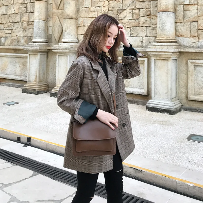 

ACZ 18 Spring Korean-style Women's Youth Loose-Fit Slimming Plaid Long Sleeve Mid-length Suit Jacket Business Attire Large Size