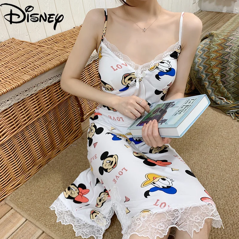 Camisón fresco de Disney Mickey Pato Donald, el pecho con sujetador con almohadilla, pijama sexy con tirantes, seda fina leche, servicio a domicilio|Vestidos| - AliExpress