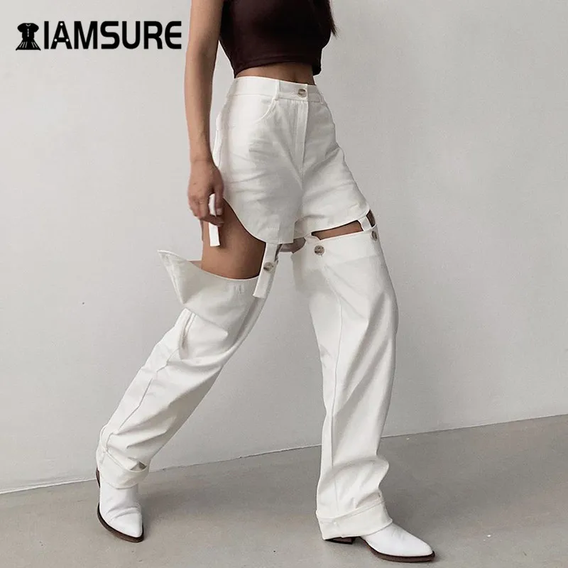 

IAMSURE Sexy Hollow Out Detachable Pants For Women Streetwear Fashion High Waisted Female Straight Pants Harajuku White Trousers
