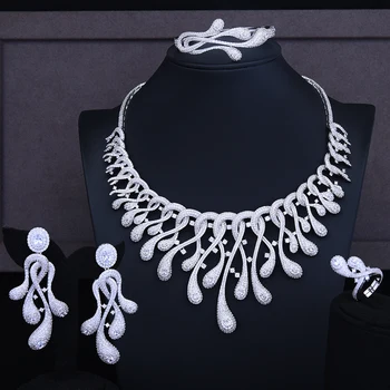 

GODKI Jimbora Luxury Exaggerated Full CZ Flower Drop Statement 4PCS Earrings Necklace Bracelet Ring Dubai Jewelry Sets For Women