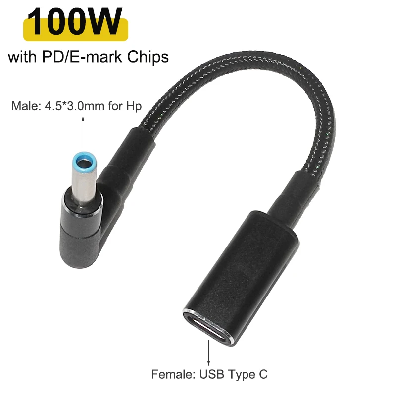 100W USB Type C Fast Charging Cable Type C to 4.5x3.0mm Plug Converter Dc Power Adapter Connector for Hp Pavilion Envy Elitebook