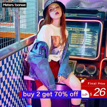 

Metersbonwe 2020 Spring New Hooded Denim jacket for Women Loose Casual Fashionable Coats Female Handsome print Denim outwear