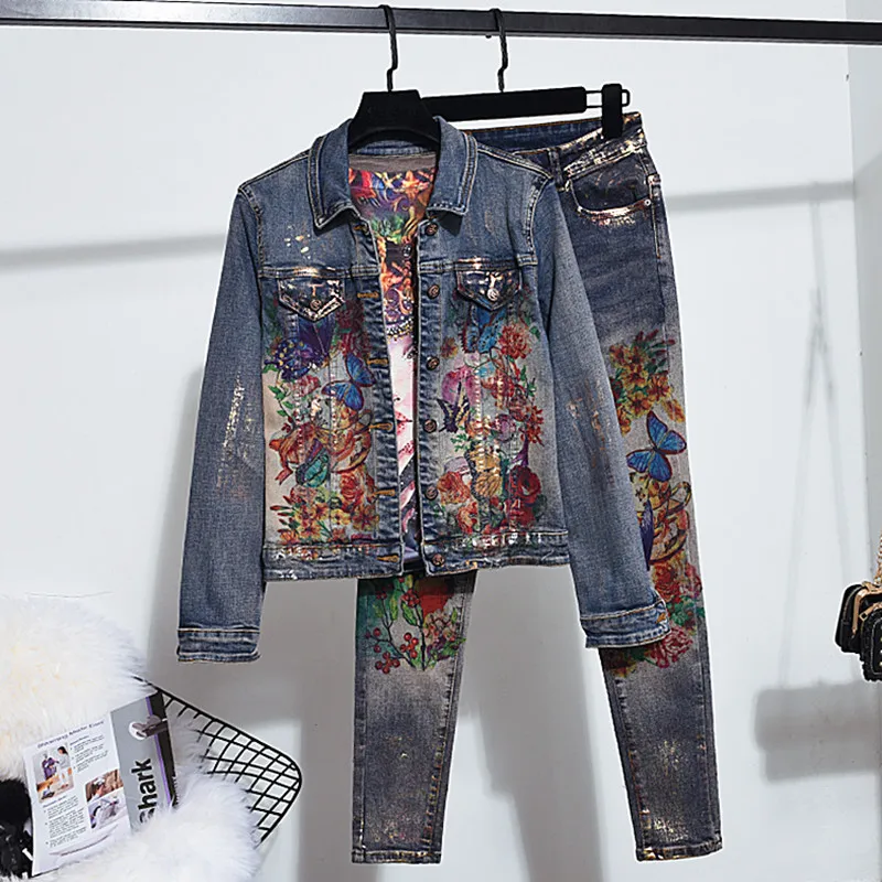 

Autumn Fashion Print Elastic Denim Set Women Slim Jeans Jacket Coat + Long Pants 2pc Set Women Plus size Denim Suit Streetwear