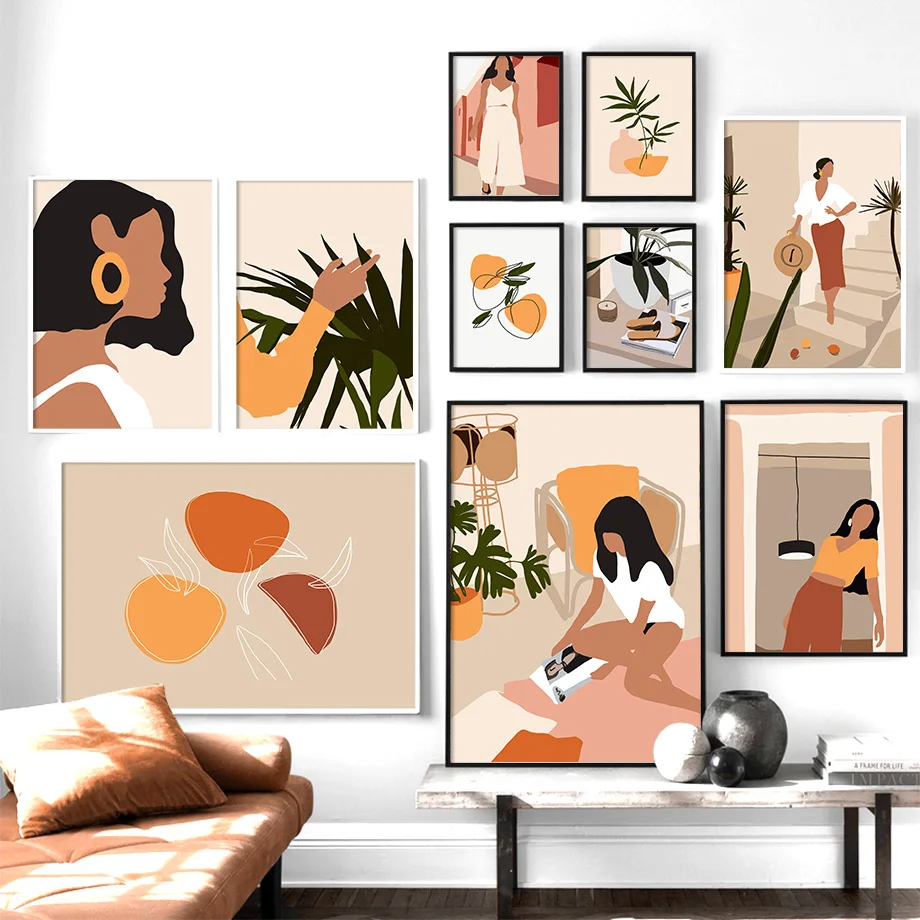 

Abstract Girl Monstera Leaf Boho Vintage Nordic Posters And Prints Wall Art Canvas Painting Wall Pictures For Living Room Decor