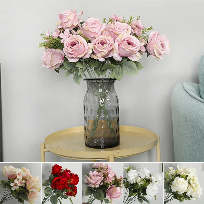 12 Heads Artificial Silk Rose Flowers Bouquet Wedding Party Home Decors DIY Home Garden Supplies