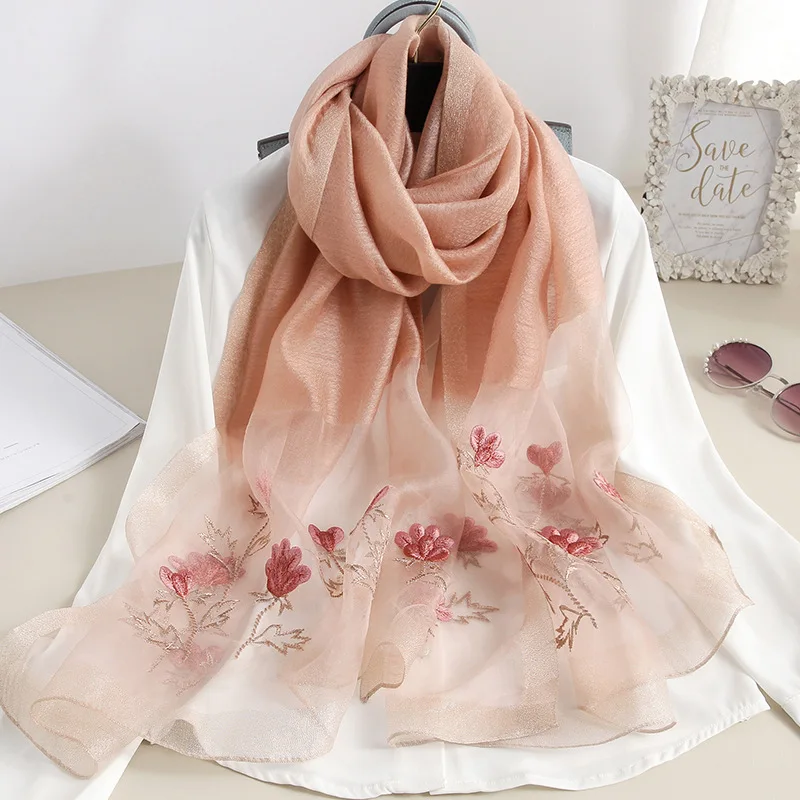 Женский зимний шарф, хиджаб, шали, палантины для девушек, шелк, шерсть, Пашмина, зимние шарфы, вышивка, Женская бандана - Цвет: Pink