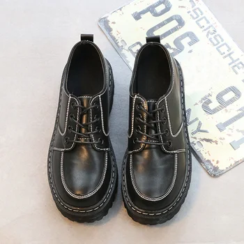 

Women Martin Shoes Japan Harajuku Thick Bottom Thread Sewing Lace-Up Low Heel PU Leather Shoes Female Flat Student Boots