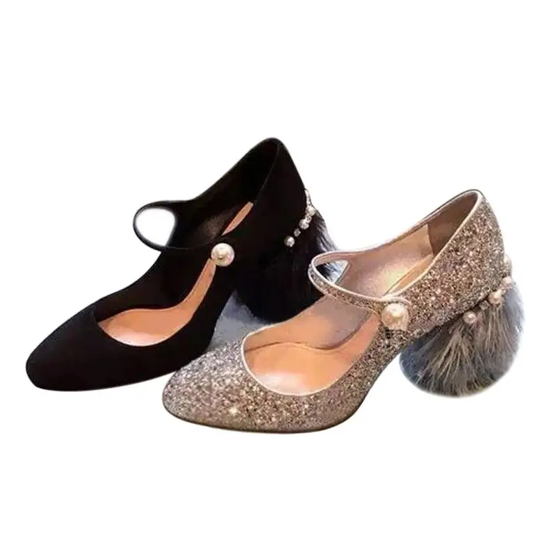 

Spring 8cm thick high heels suede ankle strap buckle fur heel shoes female pointed toe causal pumps
