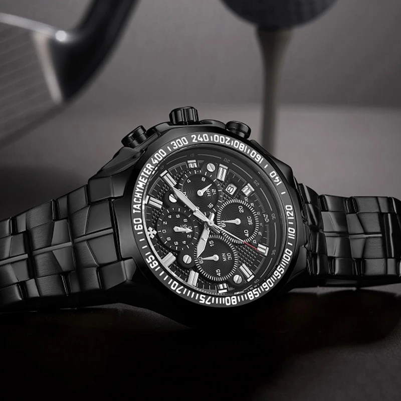 WWOOR Top Brand Luxury Sport Watch For Men Quartz Chronograph Date Luminous Black Full Steel Wrist Watch Male Clock Reloj Hombre