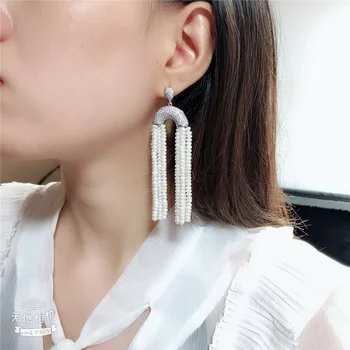

Women's Natural White Round Freshwater Pearl Cz pave post stud Earrings