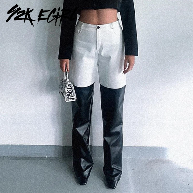 

Y2K EGIRL Sexy Slim PU Leather Long Pants Vintage 90s Streetwear Patchwork High Waist Straight Trousers Autumn Party Outfits