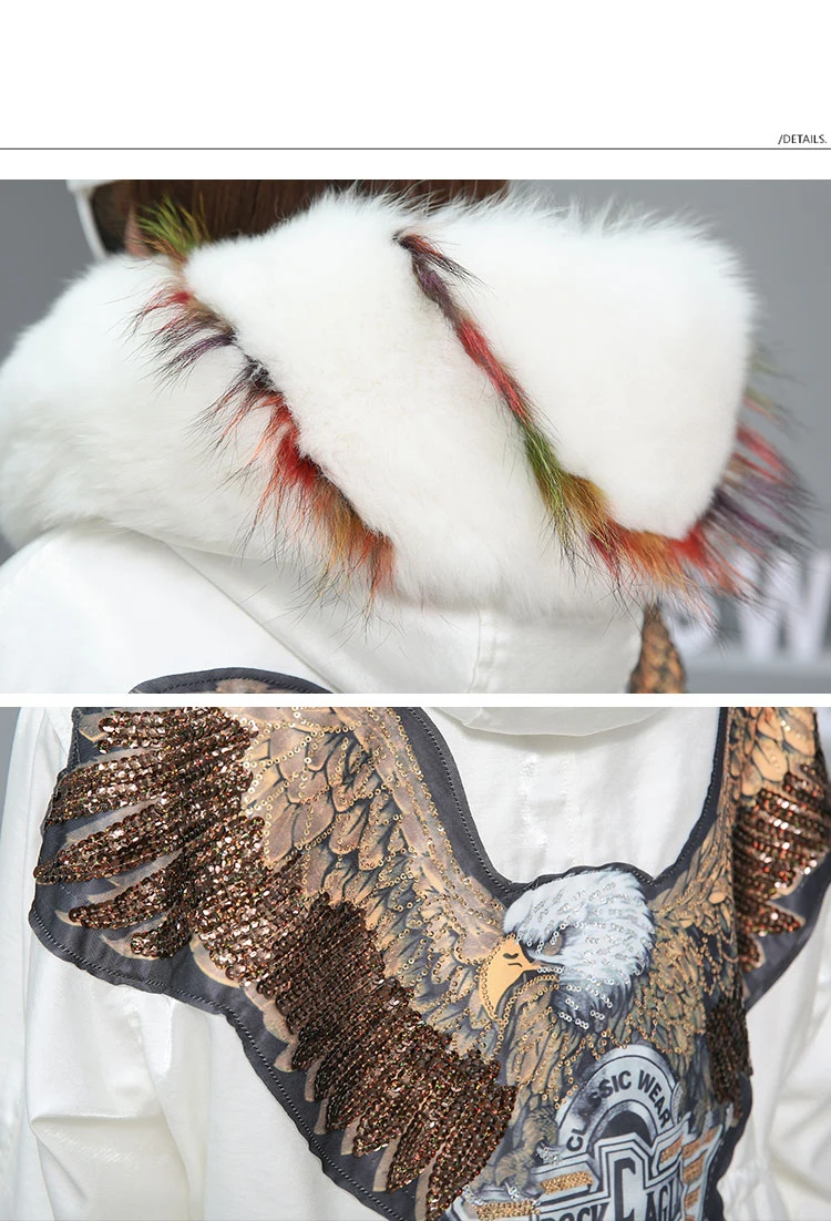 Fur Parkas Highstreet Embroidered Eagle Printed Real Fox Fur Collar Hooded Plus Size Rabbit Fur Lining Coat Women Winter Outwear