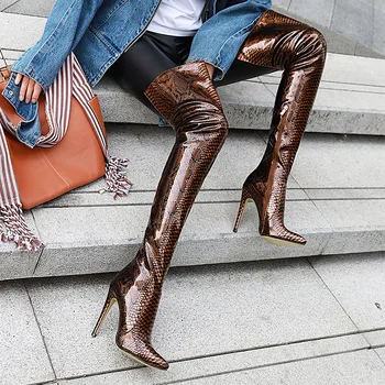 

Club queen sexy thigh high heels ladies designer Snake pattern leather heels women super spring shoes 2020