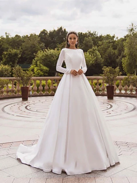 Smileven Elegant Satin Wedding Dresses Long Sleeve Lace Bride Gown Muslim Wedding Gown Covered Back Vestido de novia 2020 white color