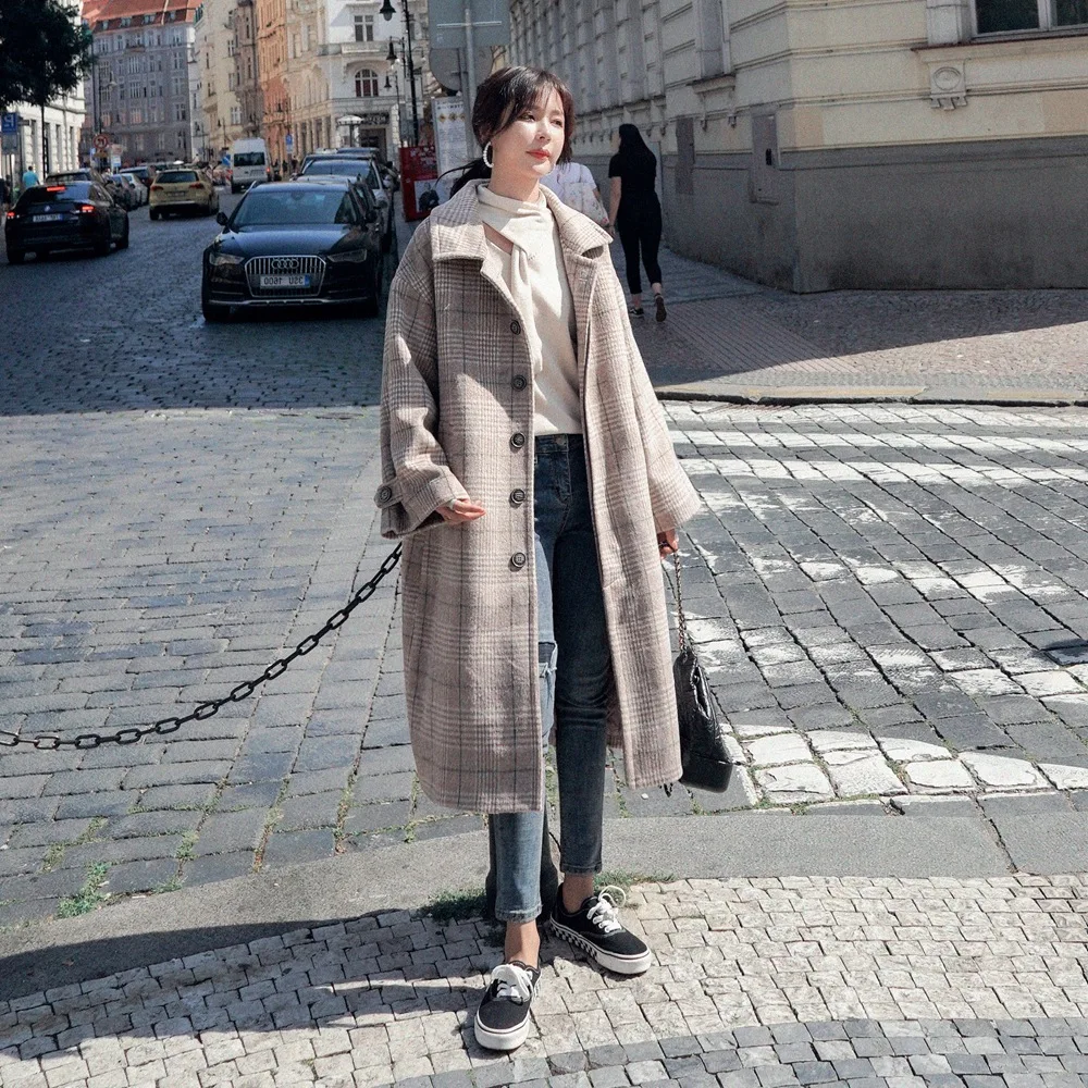 Шерстяное клетчатое пальто для фотосессии зимнее Новое Стильное женское платье ретро стиль лень однобортное длинное шерстяное пальто