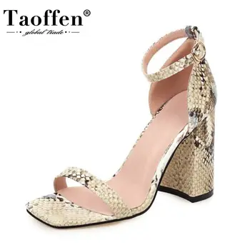 

Taoffen Thick High Heel Sandals Women Ankle Strap Summer Shoes Sexy Snakeskin Square Heels Shoes Female Footwear Size 34-48
