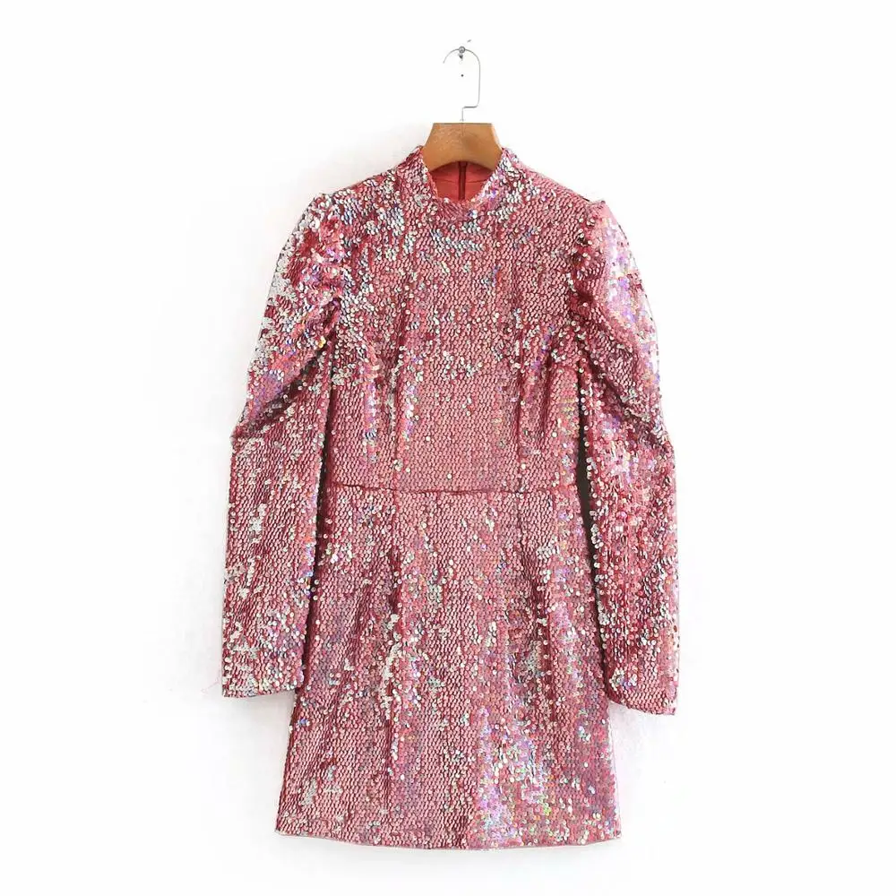as pic DS3204WW Женское стильное мини-платье со стоячим воротником и пайетками, женское платье с пышными рукавами на молнии сзади, vestidos, шикарное повседневное тонкое вечернее платье DS3204 - Цвет: as pic DS3204WW