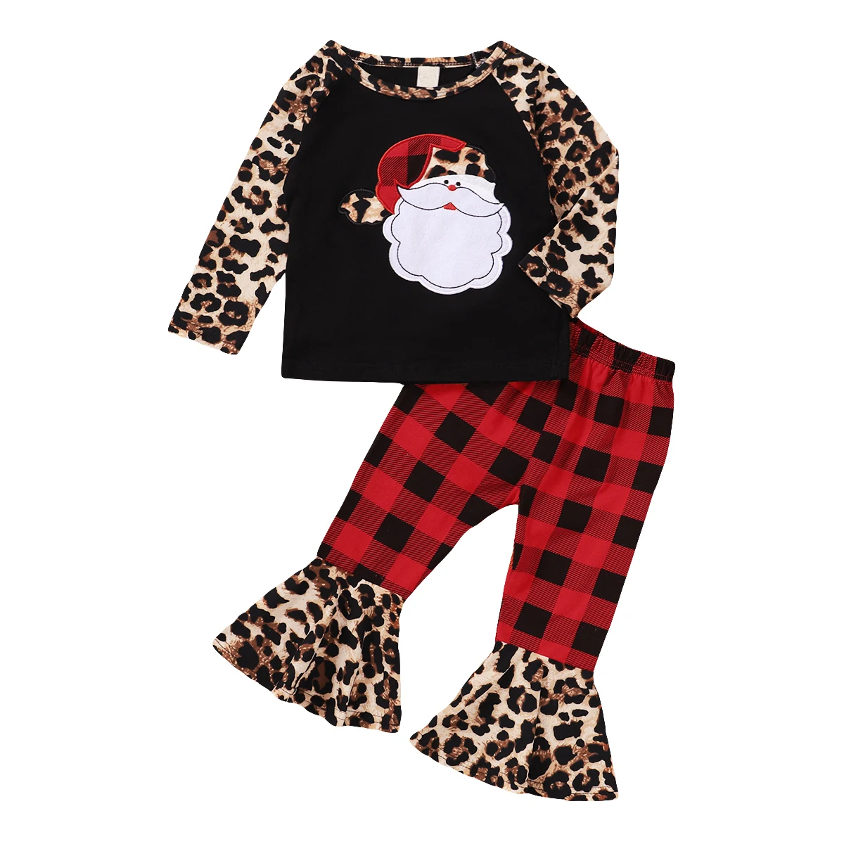 

Baby Kids Little Girls Christmas Long Sleeve + Flared Pants Plaid Leopard Print Stitching Elastic Waist Holiday 2Pcs Clothing