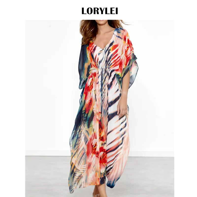 

2019 Fashion Summer Dress Tunic Women Beach Wear Multicolored Tiger Striped V-Neck Side Split Sheer Chiffon Party Dress Q646