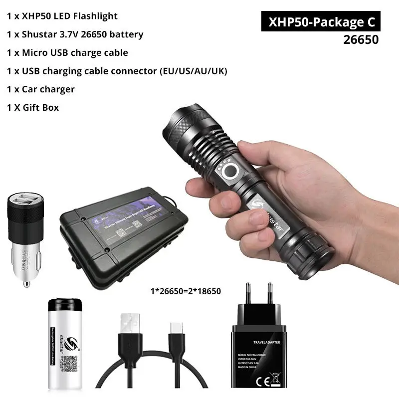 XHP50-26650-C Мощный светодиодный фонарик с XHP 70,2, лампа с бусинами, масштабируемый, 3 режима освещения, светодиодный фонарь, поддержка для Mircro зарядки, Охотничья лампа - Испускаемый цвет: XHP50-26650-C