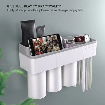 

JUSHFO Magnetic Adsorption Inverted Toothbrush Holder Toothpaste Squeezer with Cups Bathroom Storage Rack Bathroom Accessorie