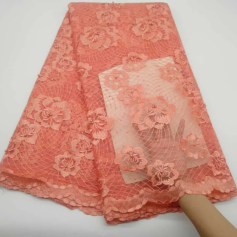 New Orange African Lace Fabric High Quality Nigerian French Tulle Mesh Lace Embroidery with Stones Swiss voile Lace Fabrics