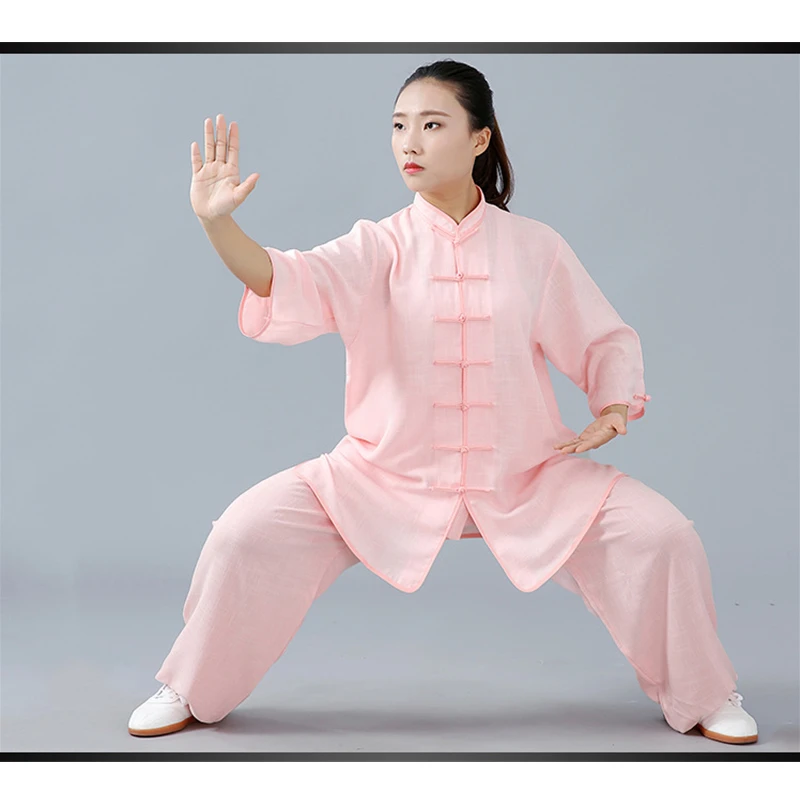 Унисекс форма для Тай Чи Традиционный китайский стиль Восточный ушу костюмы для выступлений льняной хлопок кунг-фу крыло костюм для вин-Чунь - Цвет: Pink Short Set