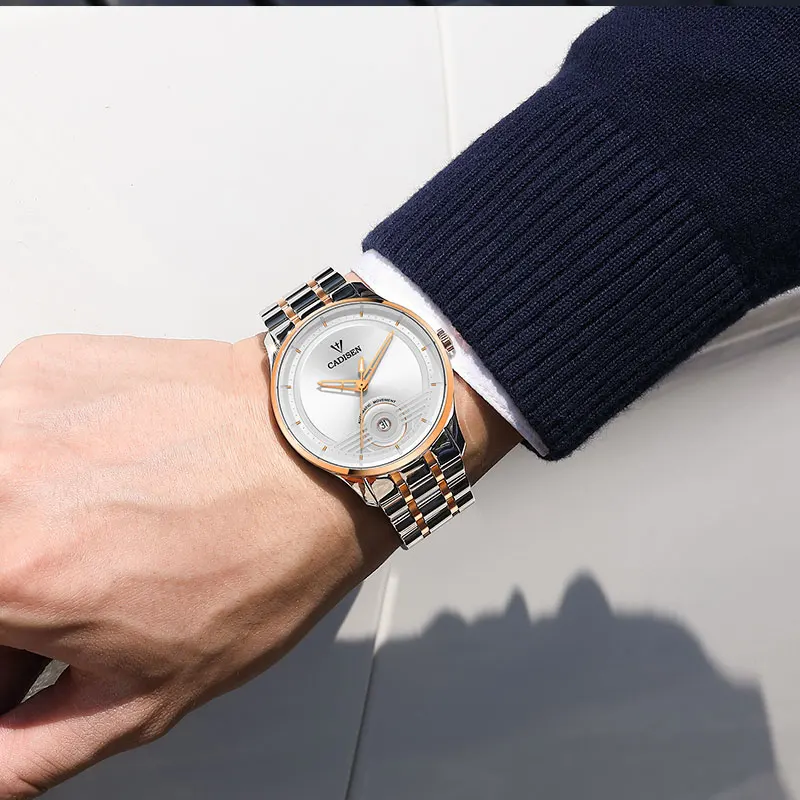 CADISEN мужские часы автоматические механические из нержавеющей стали бизнес Дата Япония NH35A движение Мужчины t сапфир Водонепроницаемые наручные часы