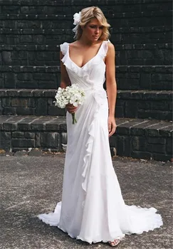 

Vintage 2016 Long Chiffon Beach Wedding Dress With Ruffles Bridal Dresses China Wedding Gowns Backless Vestido de Noiva BB32