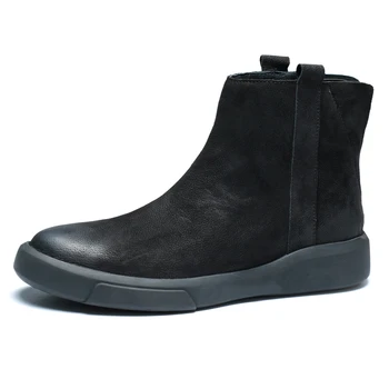 

Big Size Plus Velvet British High Top Thick Bottom Genuine Leather Chelsea Boots Mens Autumn Winter Military Boots Round Cowhide