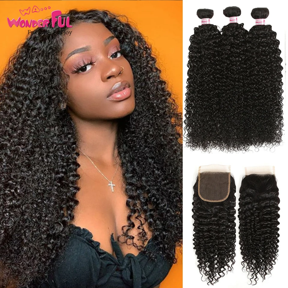 

Peruvian Hair Kinky Curly Bundles with Closure Non-Remy Human Hair Bundles With Closure 8 - 28 30 Inch Hair Extensions