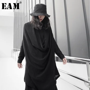 

[EAM] Women Black Asymmetrical Big Size Knitting T-shirt New Irregular Collar Long Sleeve Fashion Spring Autumn 2020 1S2530
