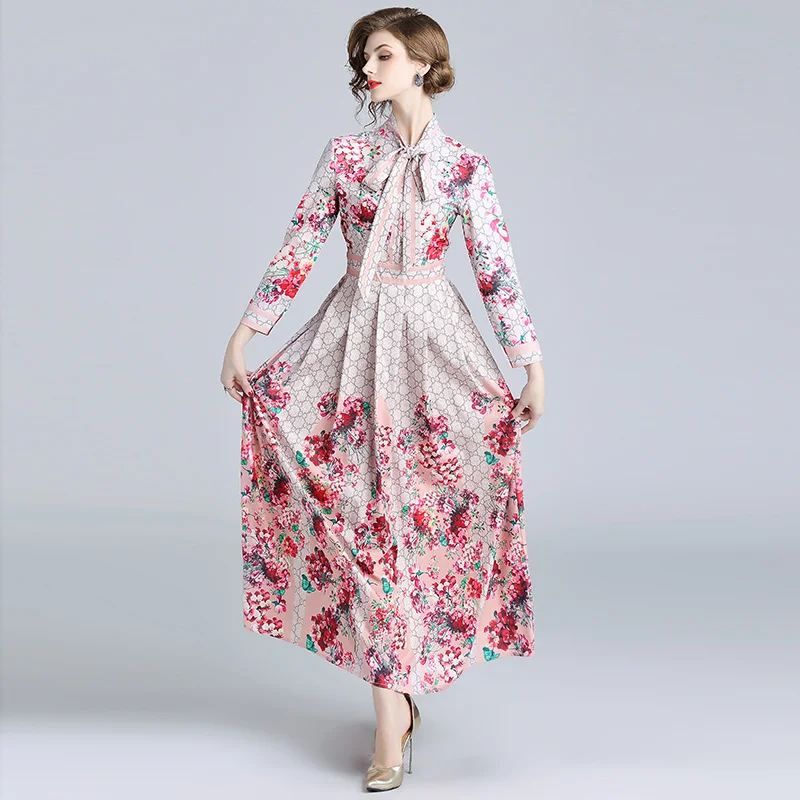 

2019 Fashion Designer Maxi Dress Women's Bow Neck Long Sleeve Boho Colorful Flower Print Big Swing Casual Long Pleated Dress