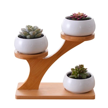 

Art Ceramic Multifunction Holder Garden Durable Succulent + 3 Tier Bamboo Stand Container Decoration Desktop Home Flowerpot Set