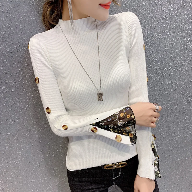 

Fashion Patchwork Print Button Korean Pullover Sweater Women 2019 New Autumn Winter Women Top knitted Sweater Pull Femme M99503