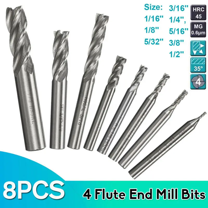 

HSS 4-flute Carbide End Mill Drill Bit Alloy Steel Wood Milling Cutter 1/16-1/2