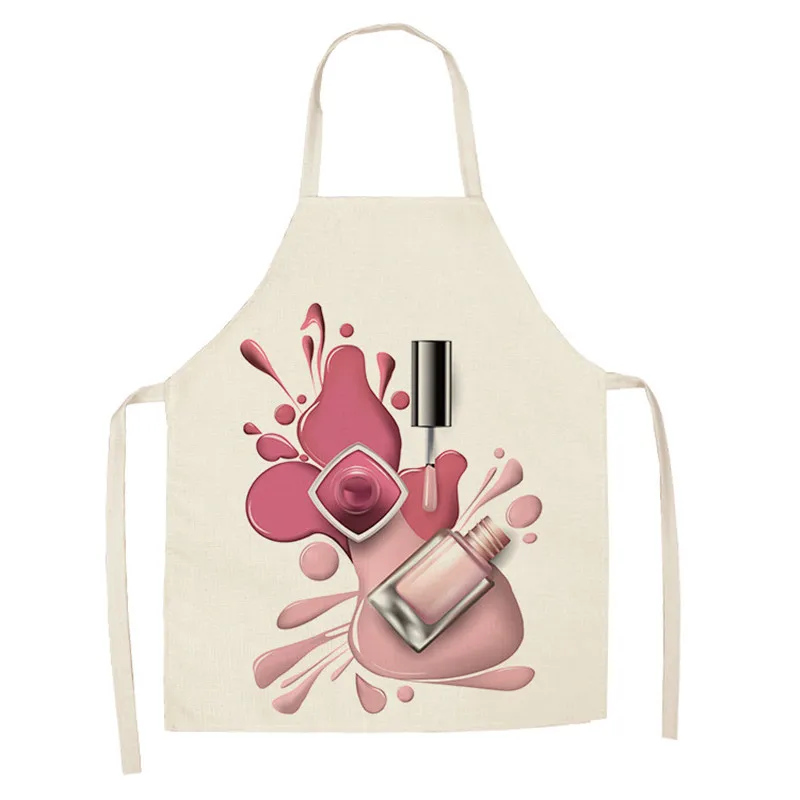 Nail Makeup Studio 1Pcs Pink LipsticK and Nail Polish Print Aprons for Women Cotton Linen Bibs Household Cleaning Home Cooking