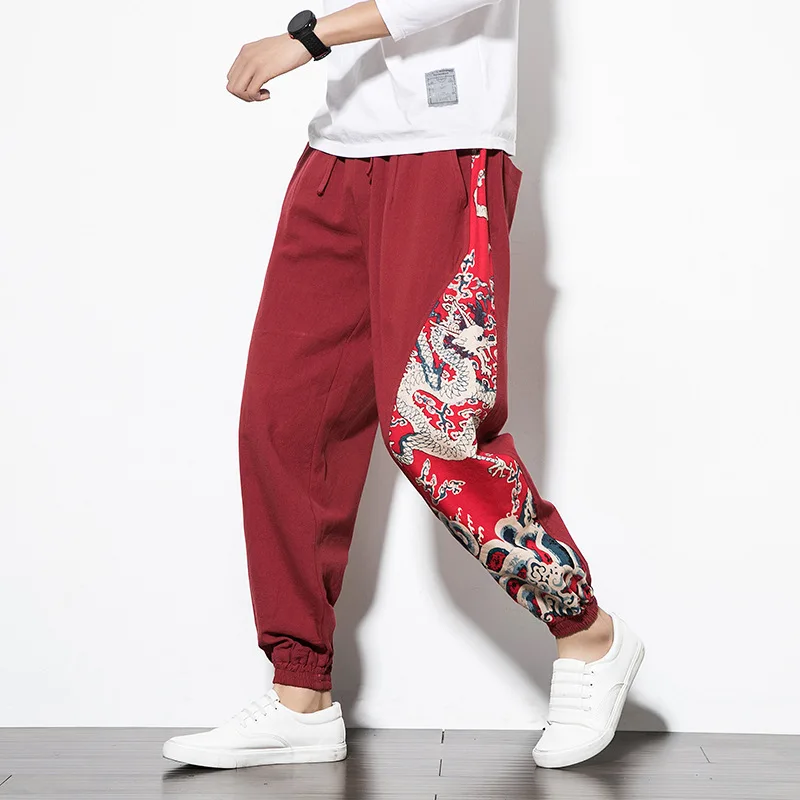 

2018 Autumn And Winter Chinese-style Plus-sized Menswear Cotton Linen Nation Wind Dragon Joint Flax Pants MEN'S Trousers