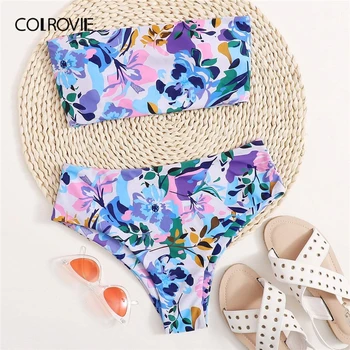 

COLROVIE Multicolor Floral Lace-up Back Bandeau Bikini Swimsuit Women Wireless Bikinis Set Beach Stretchy Cute Swimsuits
