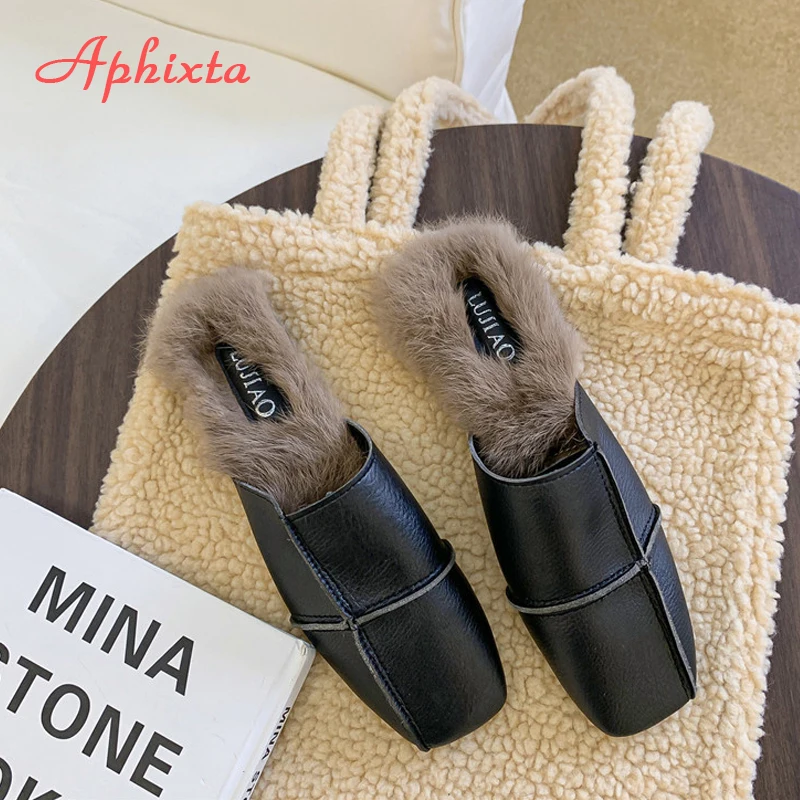 Мюли Aphixta женские из натурального кроличьего меха теплые меховые тапочки