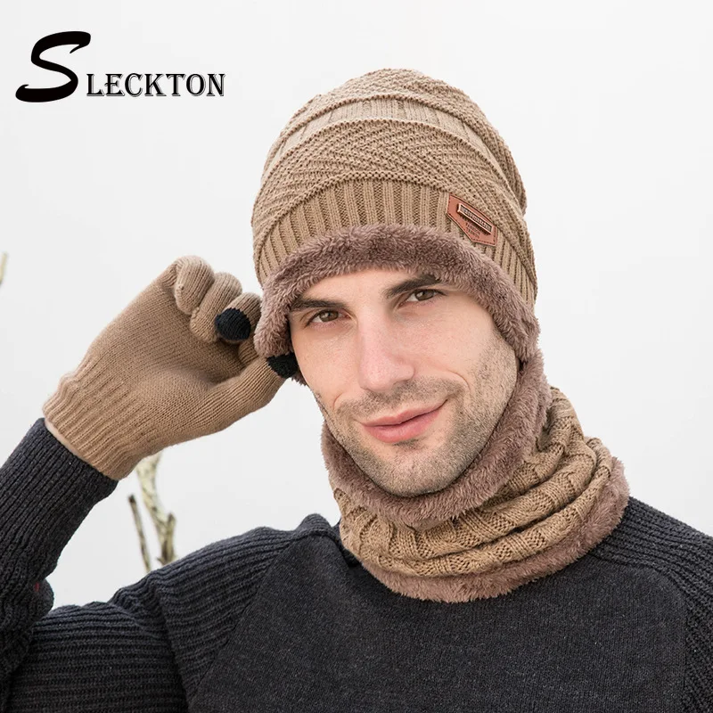 

SLECKTON Caps Scarf Gloves Fashion Hat for Men Warm Winter Beanies Dad Hats Casual Knitting Child Cap Breathable Skullies S9552