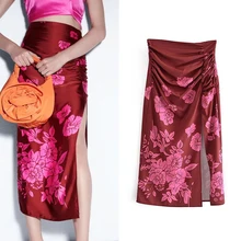 ZA 2022 Print Women Mid-Calf Skirt Spring Summer High Waist Casual Folds Skirts Elegant Fashion Party A-line Skirt